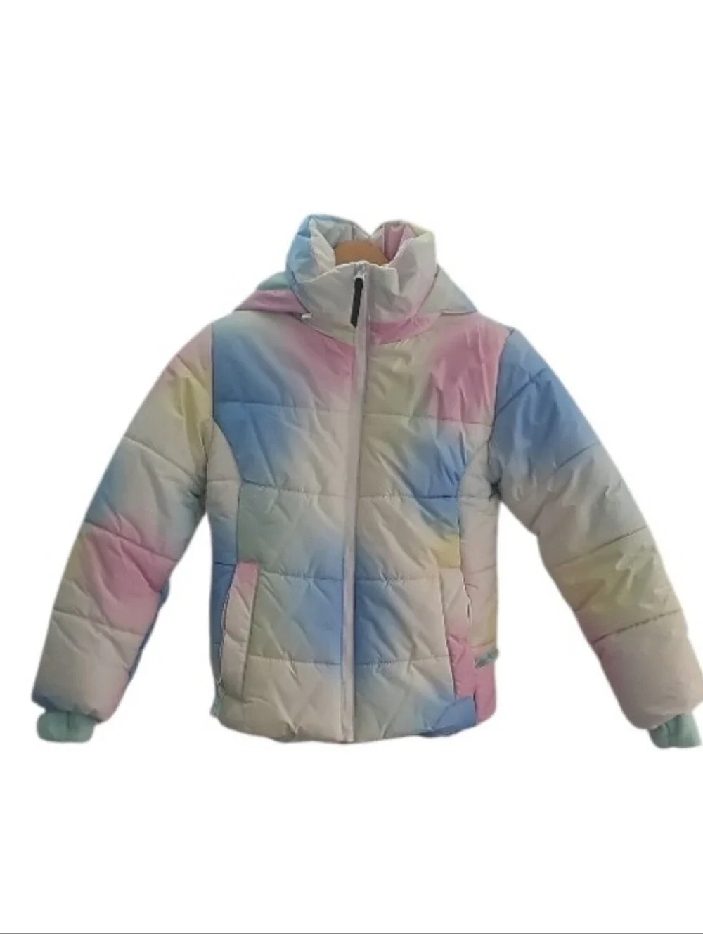 Girls Pastel Rainbow Puffer Jacket Sz M (7/8) Hooded Water Resistant Winter Coat